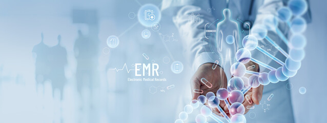 EMR, Electronic medical records, Abstract, Doctor holding patient data electronic medical record in hands. DNA. Digital healthcare on virtual interface, medical technology and futuristic concept.