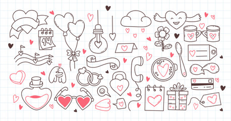 Outline Love Symbol Doodle Set. Isolated Valentines Day Design Kit and Coloring Hand Drawn Elements  on checkered notebook background. Vector Illustration