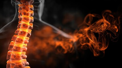 Abstract representation of a glowing human spine with intricate smoke effects in a dark background