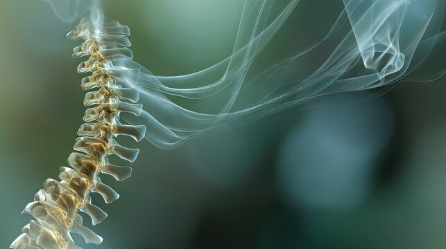 Anatomical illustration of a human spine with ethereal smoke effect, symbolizing health, wellness, and holistic healing concepts