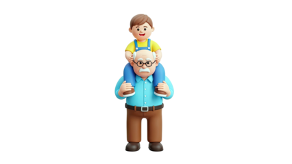 Grandfather carrying grandson on shoulders, 3D cartoon rendering
