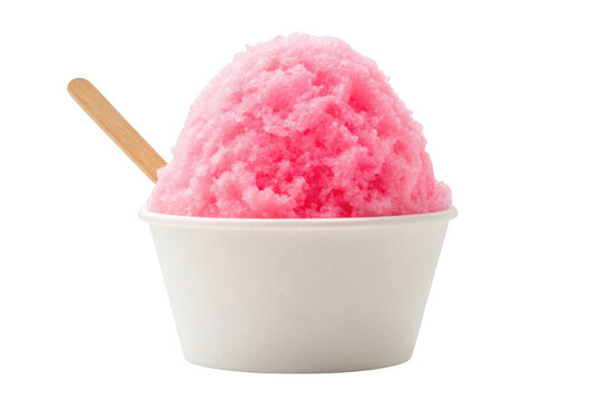 Pink shaved ice dessert in a white cup with a wooden spoon isolated on transparent background