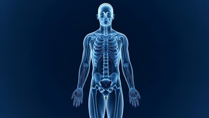 3D illustration of human anatomy visible through transparent skin viewed from the front on a dark blue background