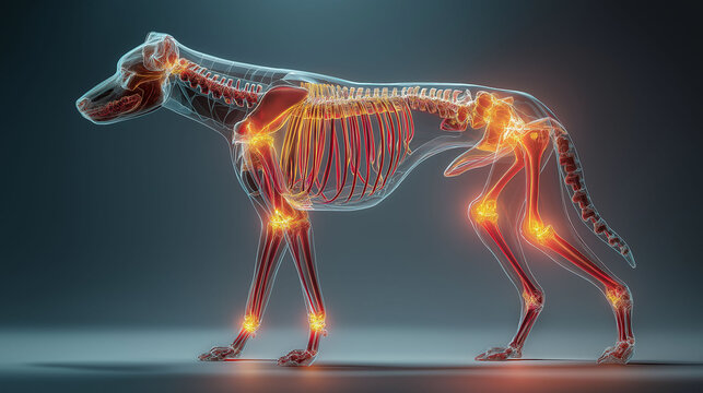 Veterinary 3D anatomy render - transparent dog body with muscle and nerve structure