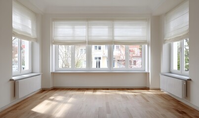 Fototapeta premium luxury modern living room, windows with closed blinds, the floor is wood, empty without furniture