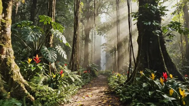 A serene forest path with sunlight filtering through trees, surrounded by lush greenery and vibrant flowers