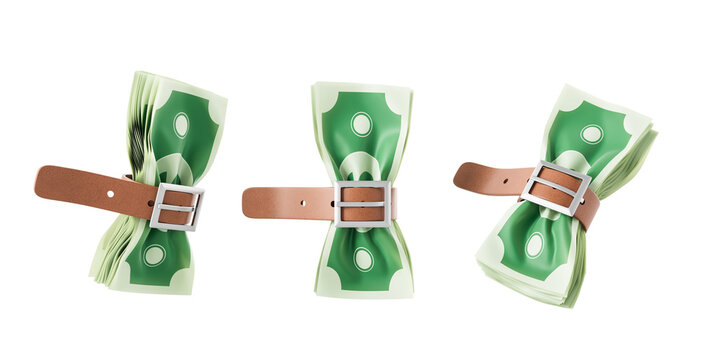 Cartoon-style green dollar bills tightened with brown leather belts in three stages, shown isolated on white background, symbolizing budget and savings. 3D Rendering