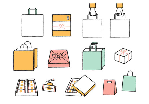 手土産や紙袋の手描きイラストセット