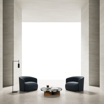 Contemporary lounge setup with two dark armchairs, round coffee table, and floor lamp in front of large isolated window, interior mockup concept, 3D Rendering