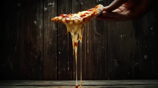 Freshly baked cheese pizza being pulled apart with gooey string cheese against a rustic wooden background