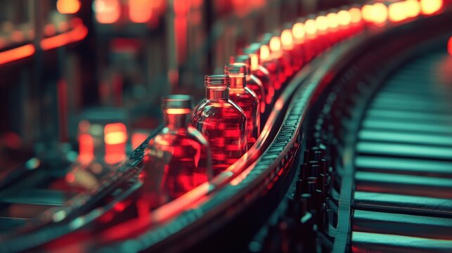 Bottles of amber liquid moving along a conveyor belt in a factory setting with warm, red lighting.