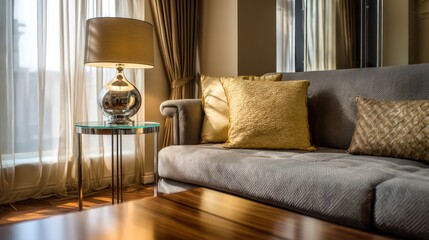 Living area with fabric sofa polished wooden flooring and glass-top side table Natural daylight streams in rim-light emphasizing