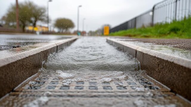 A close-up, low-angle shot of water flowing through a street drain during a rain shower.