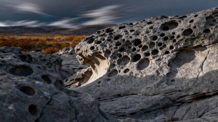 Eroded rock formation with honeycomb patterns in a desert landscape under a dramatic sky