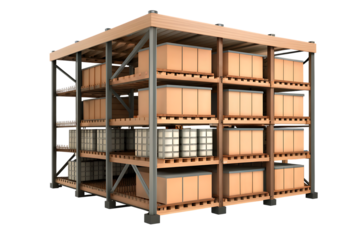 Warehouse storage rack with cardboard boxes and pallets on white background isolated on a transparent background