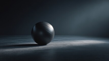 Medicine ball angled slightly on dark matte flooring compact balance disc positioned nearby Overhead directional lighting casts crisp