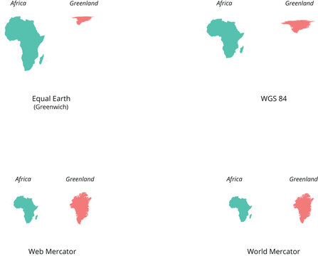 Size of Greenland compared with Africa.Comparison between Greenland and Africa in different map projections
