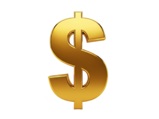 Golden dollar sign symbol for finance and currency exchange concepts isolated on transparent background