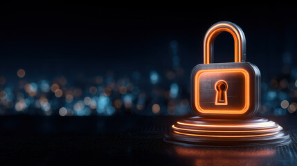 Secure glowing padlock on pedestal conveys data privacy and network protection in neon city night