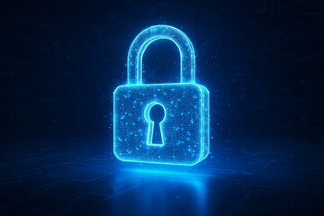 Glowing digital padlock symbolizing cybersecurity and data protection on futuristic dark tech background in blue neon light concept illustration. Ai generative