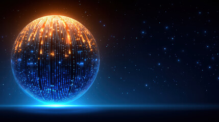 Glowing data sphere symbolizing privacy and network security in futuristic blue orange light