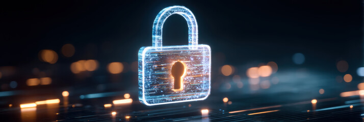 Digital lock glowing over circuit board data privacy and security concept protecting information