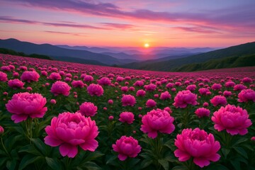 Fototapeta premium Vivid pink peony field stretching into distant hills under a glowing sunset sky with layered mountains in soft focus in background. Ai generative. Ai generative