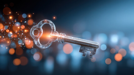 Digital key glowing with data privacy particles in dark bokeh scene radiating secure access