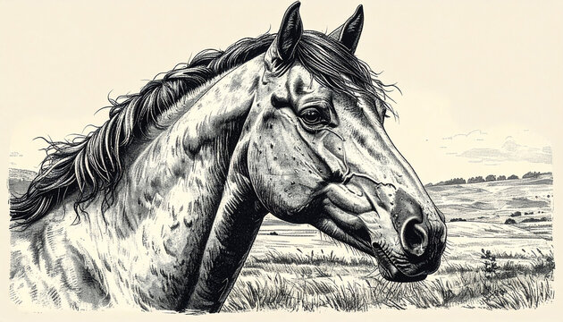 荒い線が味わい深い正面構図の木版画風ホースイラスト素材
Woodcut-style horse illustration front view with rough monochrome lines