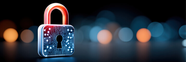 Digital lock on circuit board background conveying data privacy and secure connection