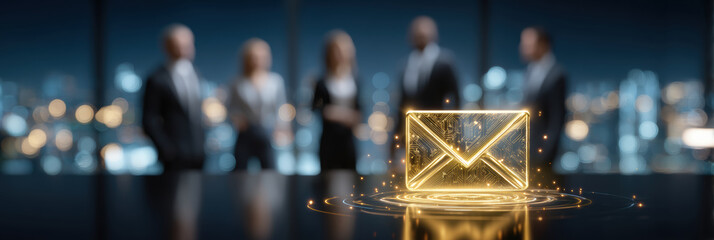 Golden digital envelope glass desk representing data privacy and secure email communication night