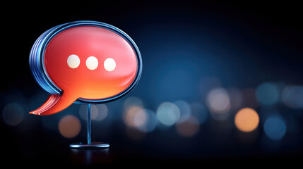 Chat bubble on glossy stand conveys data privacy conversation in modern digital communication