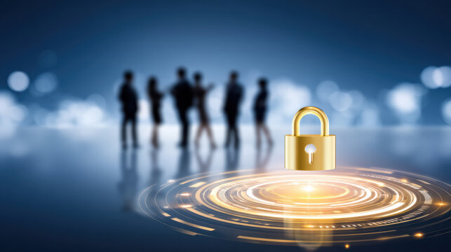 Secure digital padlock above glowing network circle with blurred business people background data - Powered by Adobe