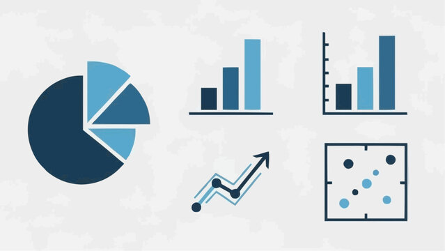 Data visualization graphics including pie chart, bar graphs, trend arrow, and scatter plot icons, presented in a clean layout for business analysis.