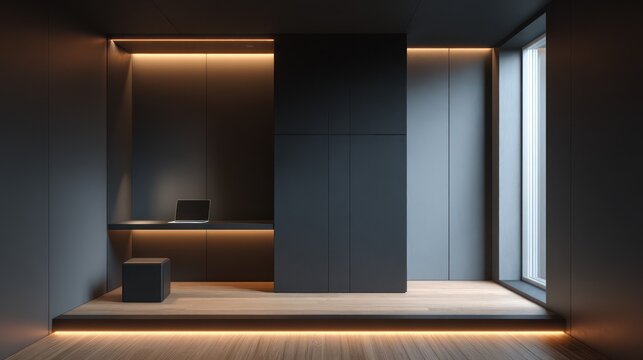 Minimal office alcove with standing desk matte black wall panels underlit floor base casting subtle ambient rim glow