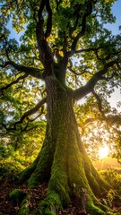 Obraz premium Majestic moss-covered tree trunk rises tall with sprawling branches against a soft golden light and blue sky background