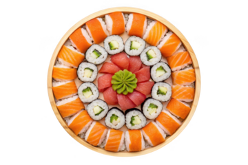 Circular sushi platter with salmon rolls and tuna isolated on transparent background