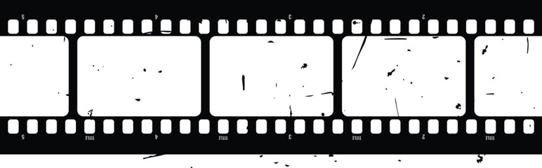 Blank grunge film strip template featuring four empty white frames with sprocket holes for creative overlays