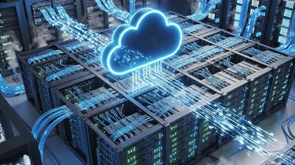 A dynamic visual representation of cloud computing technology featuring a prominent glowing blue cloud icon seamlessly integrated with a sophisticated data center showcasing intricate server racks an. - Powered by Adobe