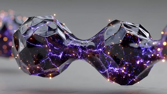 Glowing purple molecules with electric sparks on their surface, representing cutting-edge technology and scientific innovation.
