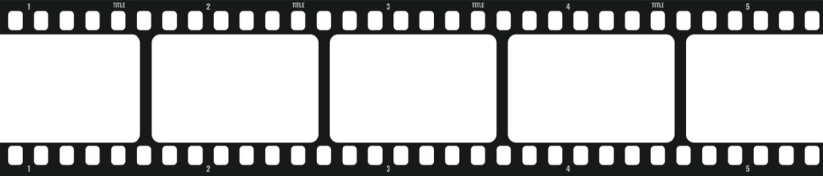 Blank horizontal strip of black and white motion picture film reel template for custom content insertion