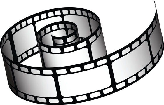 Unfurling black and white film strip spirals artfully against a stark white background symbolizing cinema history and memories.