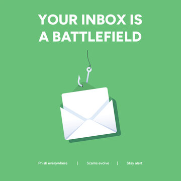 Inbox phishing awareness illustration with an envelope on a fishing hook symbolizing email scams and digital threats in a modern inbox