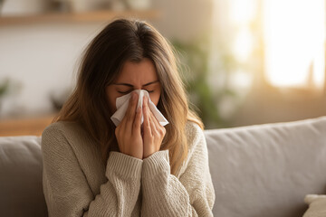 A woman in a sweater covers her face with a tissue, looking unwell while resting at home Generative AI