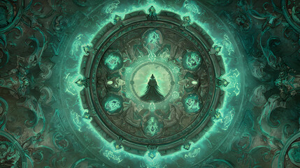 Fantasy world necromancer core style background with dark arcane atmosphere and centered empty copy space