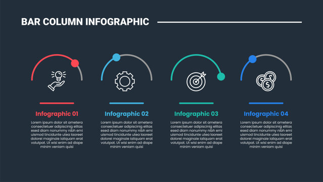 bar column infographic process diagram with half circle cut with small badge show percentage progress with dark background bright outline style 4 points