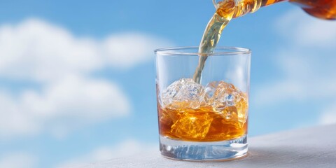 whiskey being poured into a glass with ice cubes against a blue sky background