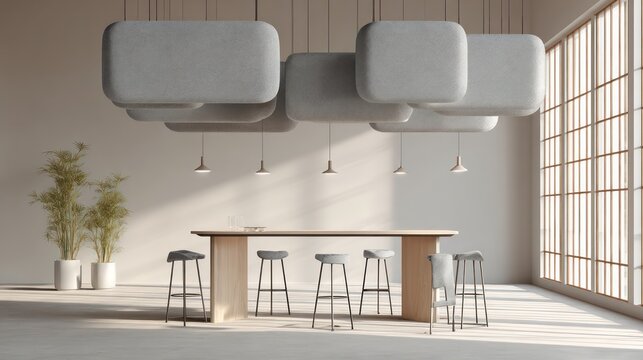 Minimalist collaborative table with four stools framed by hanging acoustic baffles in geometric shapes natural daylight filling space