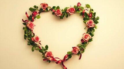 Obraz premium Heart Shaped Floral Frame with Roses and Ribbons for Romantic Designs