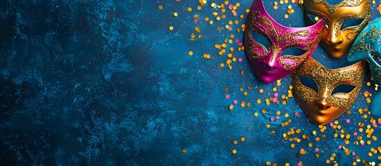 Carnival masks and colorful streamers on a blue background with space for text